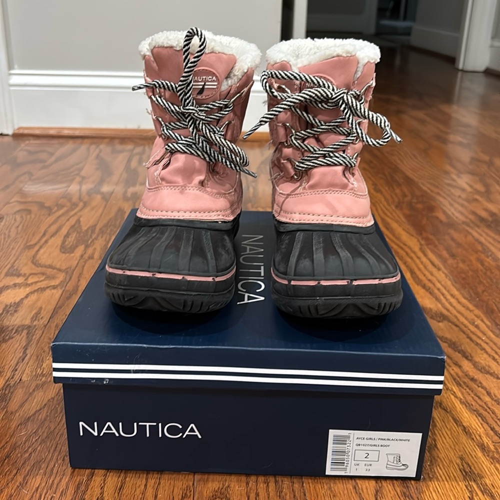 Nautica, Girls Duck Boot, Size 2, Pink/Black/White (Ayce), Waterproof